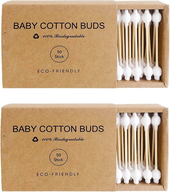 Baby Oorstokjes Set van 2 Dozen van 50 stuks - 100% recycleerbaar - Eco-friendly - Wattenstaafjes Speciaal Voor Baby´s - Babyvriendelijk - 100% Katoen - Schone Oortjes Baby