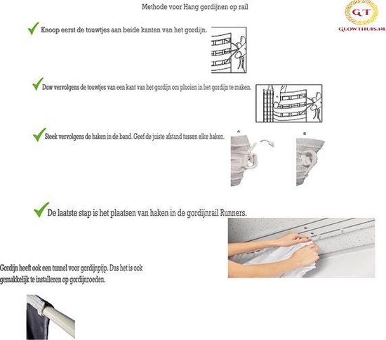 Instructies voor het ophangen van gordijnen op een rail, met illustraties.