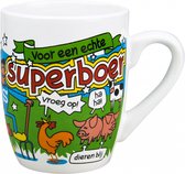 Mok - Snoep - Boer - Superboer - Cartoon - In cadeauverpakking met gekleurd krullint