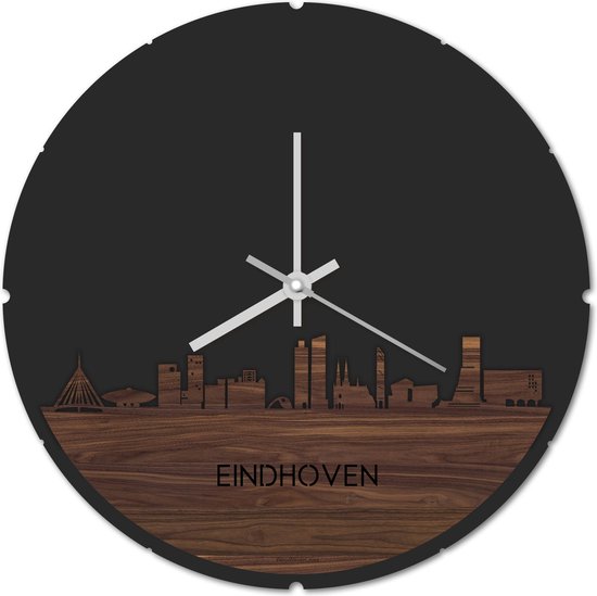 Skyline Klok Rond Eindhoven Notenhout - Ø 44 cm - Stil uurwerk - Wanddecoratie - Meer steden beschikbaar - Woonkamer idee - Woondecoratie - City Art - Steden kunst - Cadeau voor hem - Cadeau voor haar - Jubileum - Trouwerij - Housewarming -