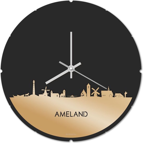 Skyline Klok Rond Ameland Goud Metallic - Ø 44 cm - Stil uurwerk - Wanddecoratie - Meer steden beschikbaar - Woonkamer idee - Woondecoratie - City Art - Steden kunst - Cadeau voor hem - Cadeau voor haar - Jubileum - Trouwerij - Housewarming -