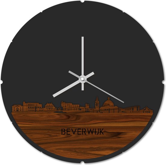 Skyline Klok Rond Beverwijk Palissander hout - Ø 44 cm - Stil uurwerk - Wanddecoratie - Meer steden beschikbaar - Woonkamer idee - Woondecoratie - City Art - Steden kunst - Cadeau voor hem - Cadeau voor haar - Jubileum - Trouwerij - Housewarming -