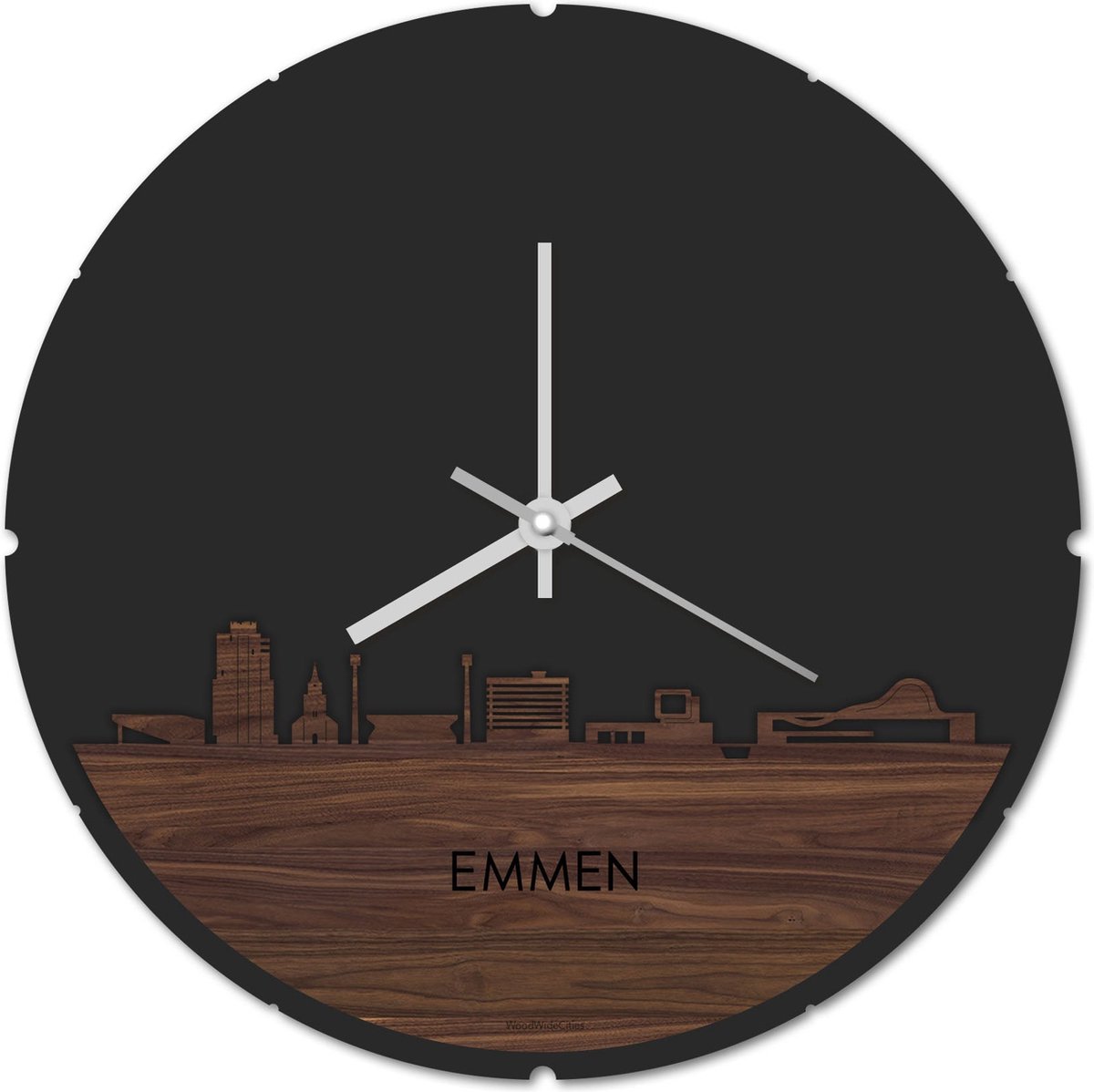 Skyline Klok Rond Emmen Notenhout - Ø 44 cm - Stil uurwerk - Wanddecoratie - Meer steden beschikbaar - Woonkamer idee - Woondecoratie - City Art - Steden kunst - Cadeau voor hem - Cadeau voor haar - Jubileum - Trouwerij - Housewarming -