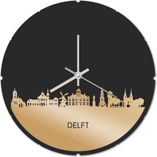 Skyline Klok Rond Delft Goud Metallic - Ø 44 cm - Stil uurwerk - Wanddecoratie - Meer steden beschikbaar - Woonkamer idee - Woondecoratie - City Art - Steden kunst - Cadeau voor hem - Cadeau voor haar - Jubileum - Trouwerij - Housewarming -