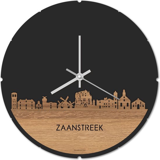 Skyline Klok Rond Zaanstreek Eikenhout - Ø 44 cm - Stil uurwerk - Wanddecoratie - Meer steden beschikbaar - Woonkamer idee - Woondecoratie - City Art - Steden kunst - Cadeau voor hem - Cadeau voor haar - Jubileum - Trouwerij - Housewarming -