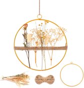 Gedroogde bloemenkrans 25 cm decoratieve metalen ring met gedroogde bloemen om op te hangen, gouden metalen bloemenkrans, decoratieve ring voor raam, muur, deur, woonkamer, boho decoratie