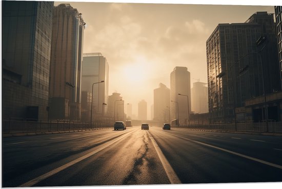 Dibond - Gebouwen - Stad - Auto - Voertuigen - Weg - Lantaarnpalen - 90x60 cm Foto op Aluminium (Met Ophangsysteem)