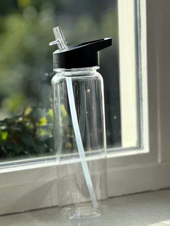 Waterfles met rietje 700ML Zwart bol
