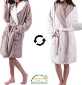 Sorprese Micro Fleece - Badjas - Maat S/M - Beige/Wit - Dubbelzijdig met Capuchon - Ultra Zacht en Warm - Badjas Dames - Badjas Heren - Sauna - Cadeau - Oeko-Tex Standard 100