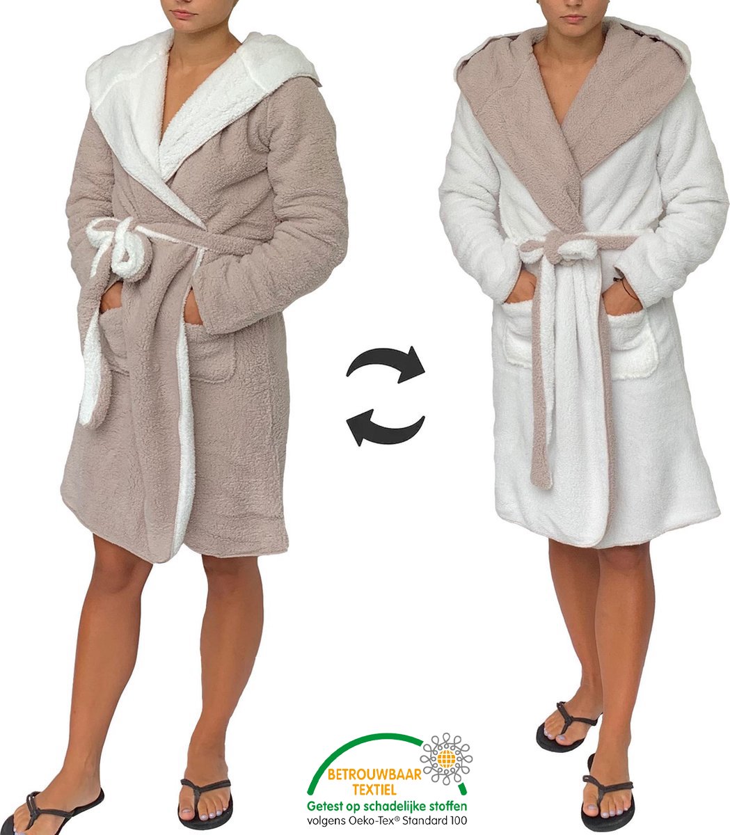 Badjas – dubbelzijdig – beige en wit – maat S/M – badjas dames – badjas heren - Cadeau - Oeko-Tex Standard 100