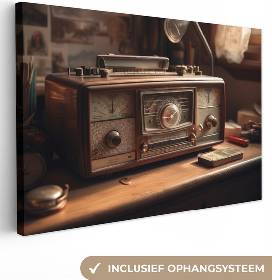 Tableau toile 60x40 cm - Décoration murale Vintage - Radio - Ancien - Bureau - Lampe - Décoration murale murale salon - Décoration chambre - Accessoires de chambre - Peintures