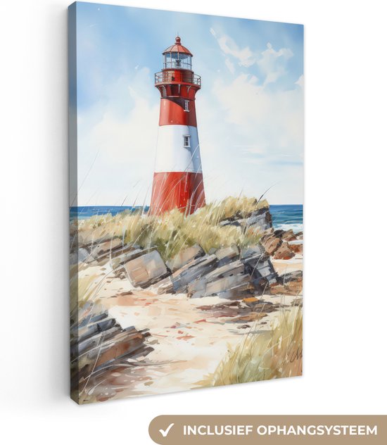 Peinture à rayures rouge et blanc d'un phare sur une côte rocheuse avec de l'herbe et la mer. Système de suspension inclus.