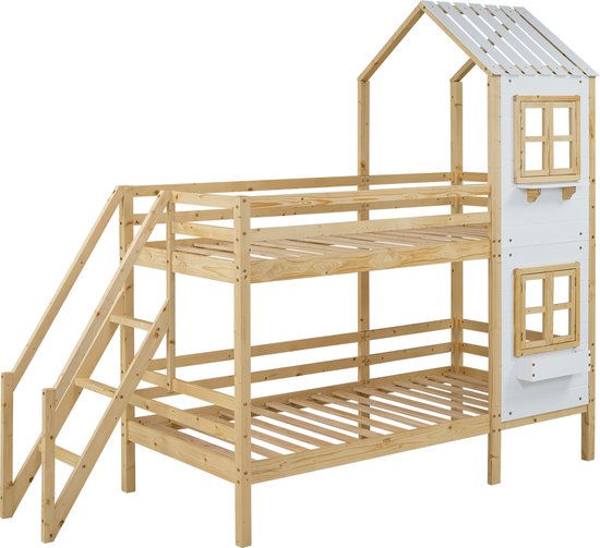 Merax Stapelbed 90x200 - Huisbed met Raam en Dak - Bed voor Kinderen - Wit met Naturel Bruin