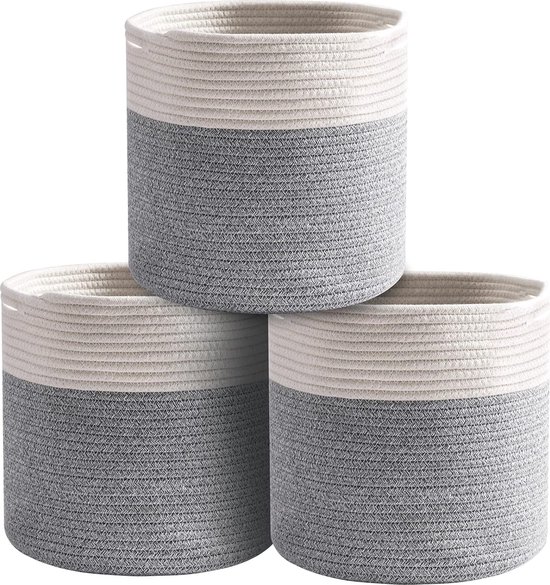 Gevlochten Mand, 3 Stuks, Gemaakt Van Katoen, Speelgoedopberger Voor De Kinderkamer Opbergmand Plantenbakmand Voor Woonkamer Slaapkamer 28 X 28 Cm Wit En Grijs