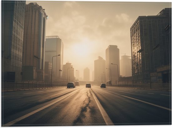 Foto: Vlag gebouwen stad auto voertuigen weg lantaarnpalen 40x30 cm foto op polyester vlag