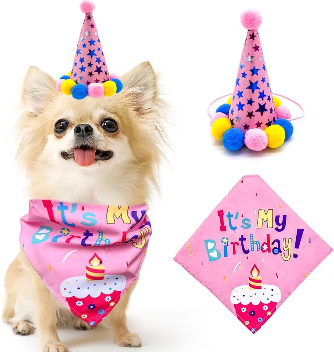 Verjaardag set honden-birthday dogs-muts en bandana-jarig hond - 'merkloos'
