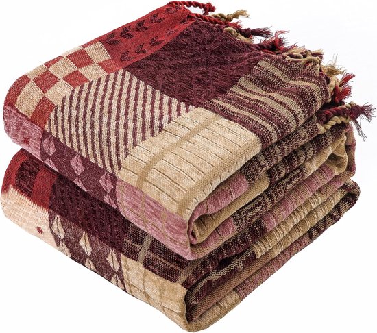 Chenille geweven dekenpatroon, patchwork dubbelzijdig plaid met franjes, Boho sprei, 220 x 260 cm, rood, elegant en knuffelig zacht tv-deken, bankdeken, fauteuildeken, omkeerbare deken bedsprei