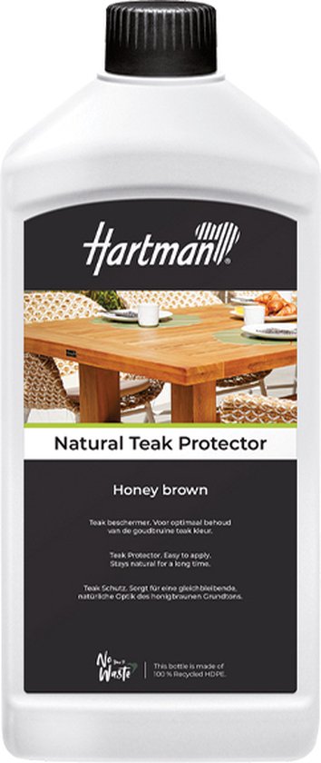 Hartman Natural Teak Protector honey brown fles van 1 liter. Beschermt teak meubelen.