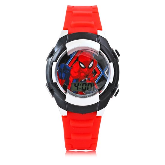 Montre enfant Spiderman rouge avec lunette noire et image de Spiderman.