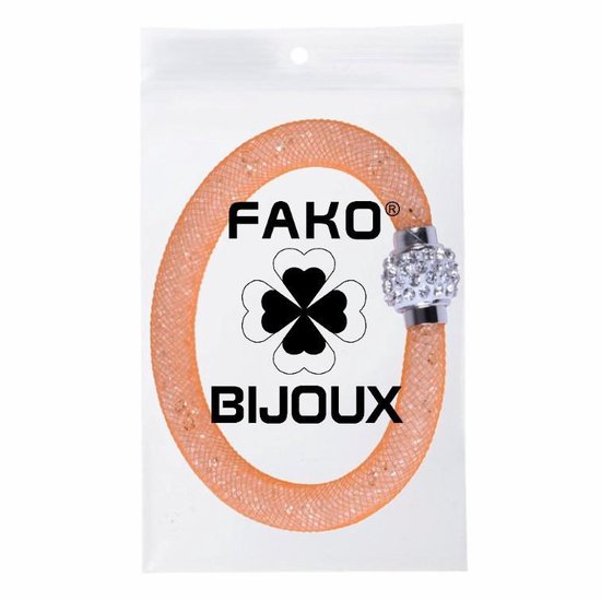 Fako Bijoux oranje mesh armband met glitter en strass magneetsluiting, verpakt in doorzichtige zak.