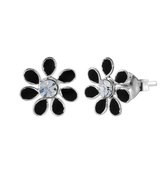 Oorbellen zilver | Oorstekers | Zilveren oorstekers, bloem met kristal en zwarte blaadjes