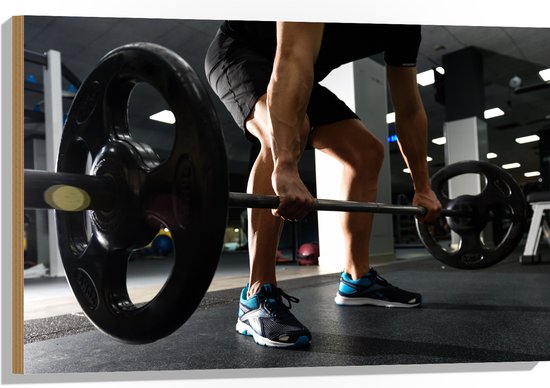 Hout - Mens - Spieren - Schoenen - Oefening - Sporten - Fitness - Sportschool - Gewichten - 90x60 cm - 9 mm dik - Foto op Hout (Met Ophangsysteem)