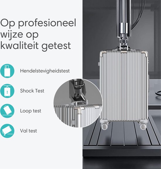 Zilverkleurige koffer van Voyagoux op een testbank tijdens een valtest.