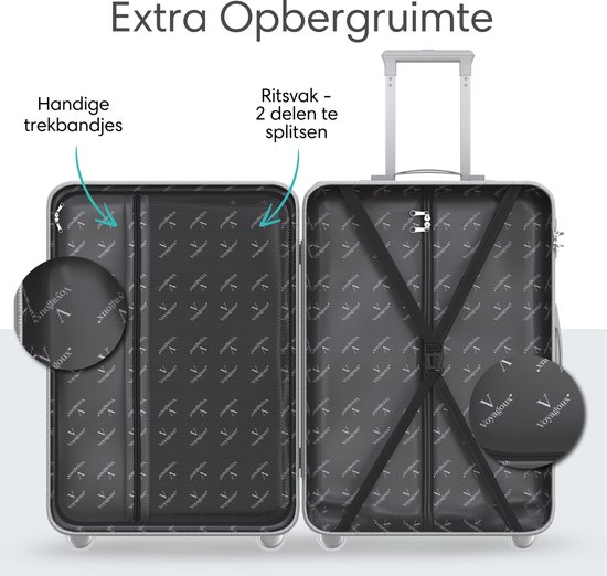 Binnenzijde van een geopende zilverkleurige koffer van Voyagoux met vakken en gespen.