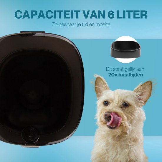 Automatische voerbak van 6 liter met een zwarte bak en een schattige hond die likt.