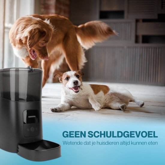 Zwarte automatische voerbak met twee honden, één speels en één die naar de voerbak kijkt.