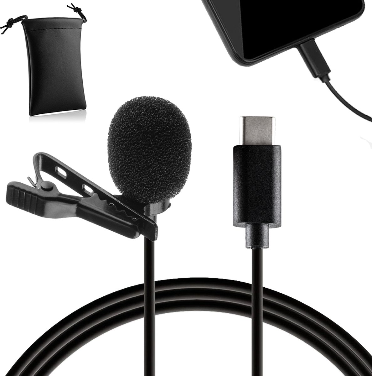 MOJOGEAR Speldmicrofoon USB-C voor smartphone en tablet - 1,5 meter kabel dasspeld - Lavalier microfoon voor iPhone 15 & Android smartphones - Zwart - MOJOGEAR