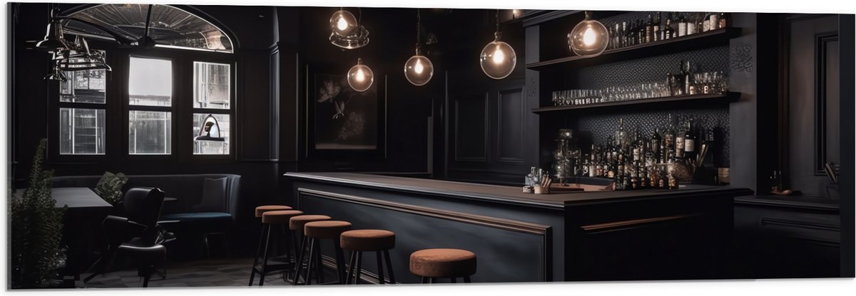 Acrylglas - Bar - Krukken - Tafels - Stoelen - Planten - Drank - Flessen - Zwart - 120x40