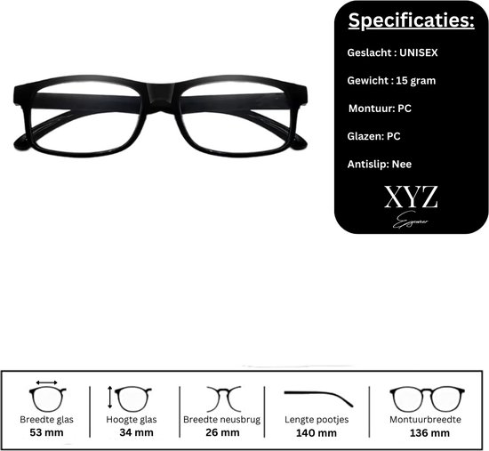XYZ Eyewear Set de 5 Lunettes de lecture +2,00 - Femme - Homme - Lunettes de lecture - Trendy - Lunettes de lecture - Lunettes de lecture avec prescription - Avantage - Avec prescription +2,00