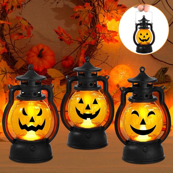 Lot De 3 Lanternes Halloween LED à Suspendre - Effet Flamme Dansante, Motifs Citrouille/fantôme - Alimentation Par Piles, Pour Intérieur Et Extérieur Lanterne Halloween LED