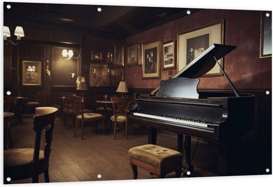 Tuinposter – Cafe - Tafels - Stoelen - Hout - Piano - Muziek - 150x100 cm Foto op Tuinposter (wanddecoratie voor buiten en binnen)