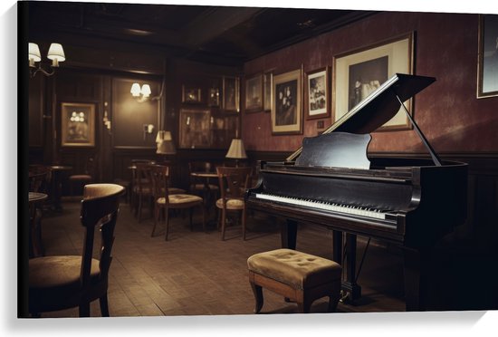 Canvas - Cafe - Tafels - Stoelen - Hout - Piano - Muziek - 90x60 cm Foto op Canvas Schilderij (Wanddecoratie op Canvas)