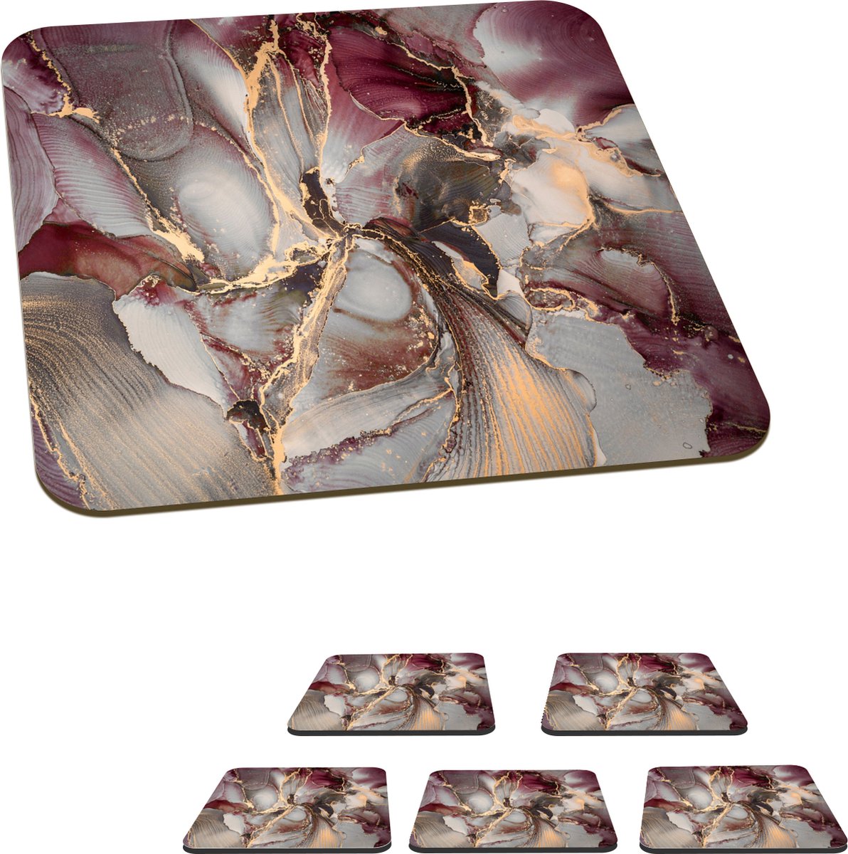 Onderzetters voor glazen - Goud - Marmer - Paars - 10x10 cm - Glasonderzetters - 6 stuks