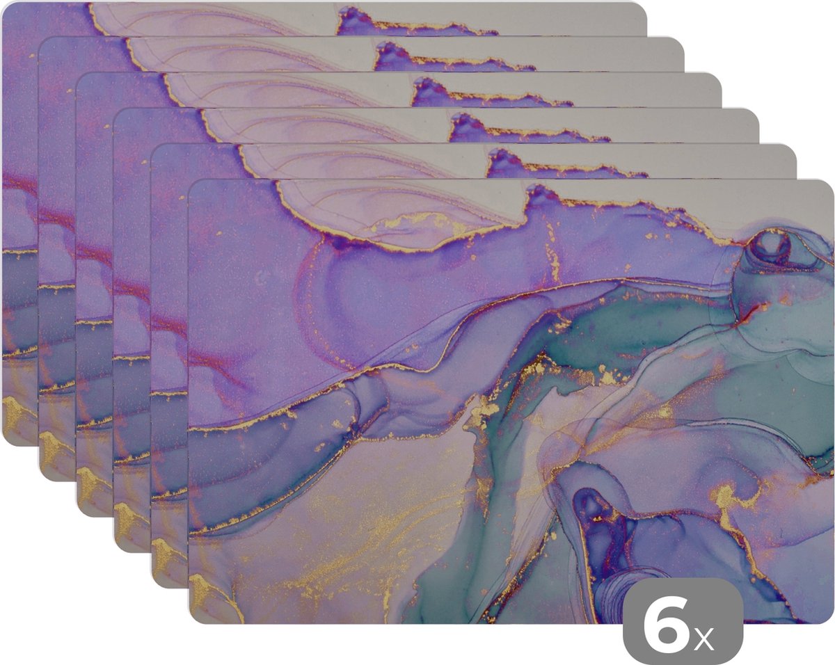 Placemats - Marmer - Paars - Goud - Onderleggers placemat - 45x30 cm - 6 stuks