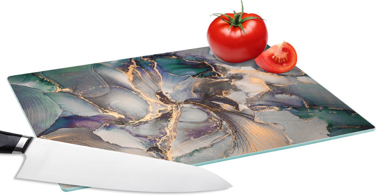 Glazen Snijplank - 28x20 - Goud - Blauw - Marmer - Snijplanken Glas