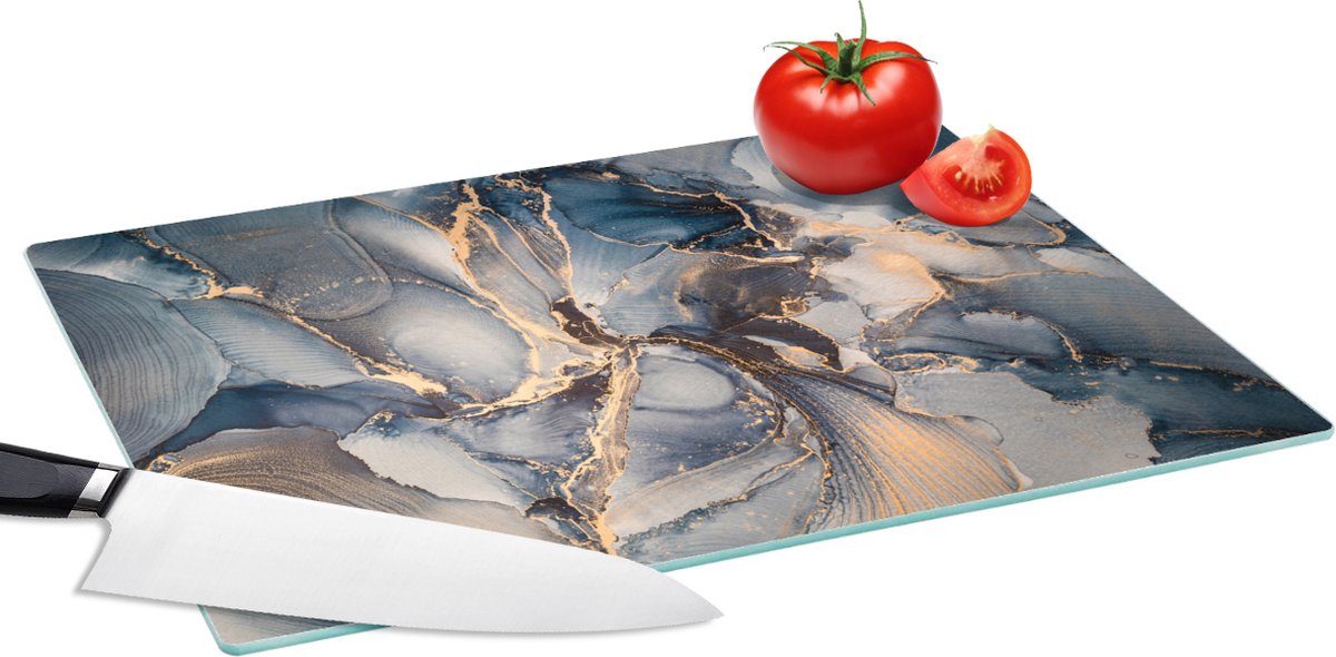 Glazen Snijplank - 39x28 - Marmer - Grijs - Blauw - Luxe - Goud - Snijplanken Glas