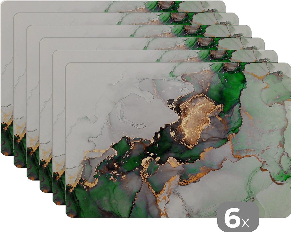 Placemats - Marmer - Goud - Groen - Onderleggers placemat - 45x30 cm - 6 stuks