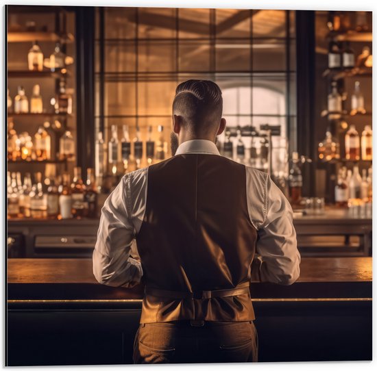 Dibond - Bar - Barman - Flessen - Alcohol - 50x50 cm Foto op Aluminium (Met Ophangsysteem)