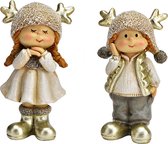 Koppel schattige Winterkinderen in poly goud - set van 2 - Jongen en Meisje - 2 stuks