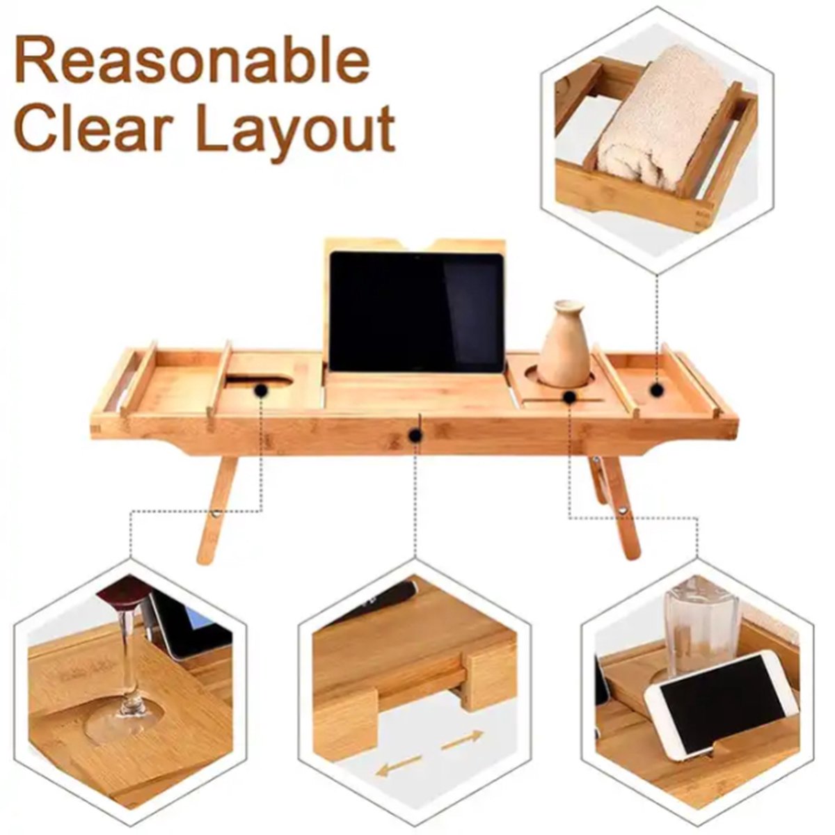 Badplank- Hout- Wijntafel- Badtafel- Verstelbaar en inklapbaar- 109*23cm- Bamboe- Boekenhouder- Tablet houder-Bad plank- Badplank voor in bad- Boekensteun- Tablethouder — cadeau in Wonen & Interieur - foto 4