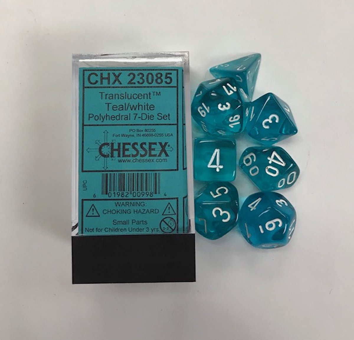 Chessex Doorschijnend Teal/wit Polydice Dobbelsteen Set (7 stuks)
