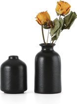Zwarte keramische vazen, set van 2 kleine bloemenvazen voor decoratie, moderne rustieke boerderij, huisdecoratie, decoratieve vazen voor pampasgras, gras en gedroogde bloemen, ideeënrek, tafel, boekenkast
