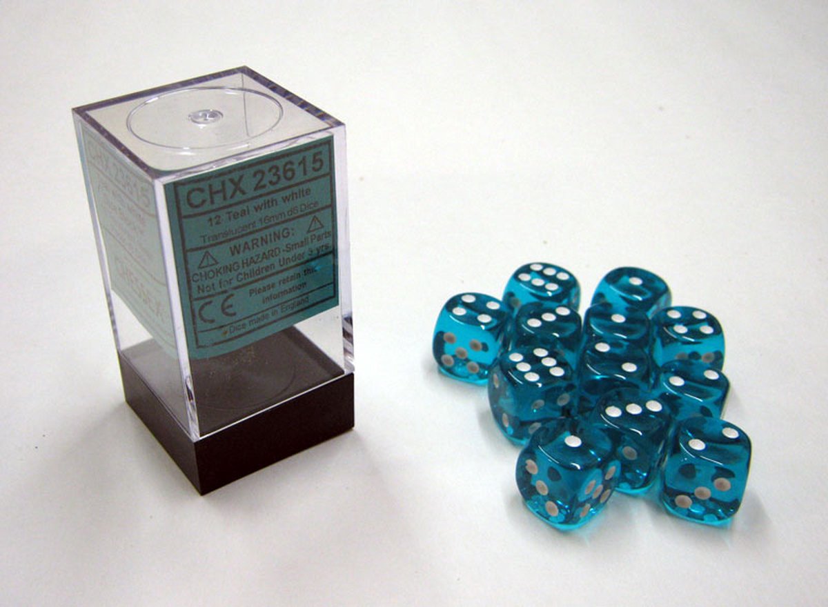 Chessex Doorschijnend Blauw/wit D6 16mm Dobbelsteen Set (12 stuks)