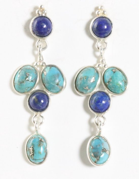 Zilveren oorstekers met blauwe koperturkoois en lapis lazuli