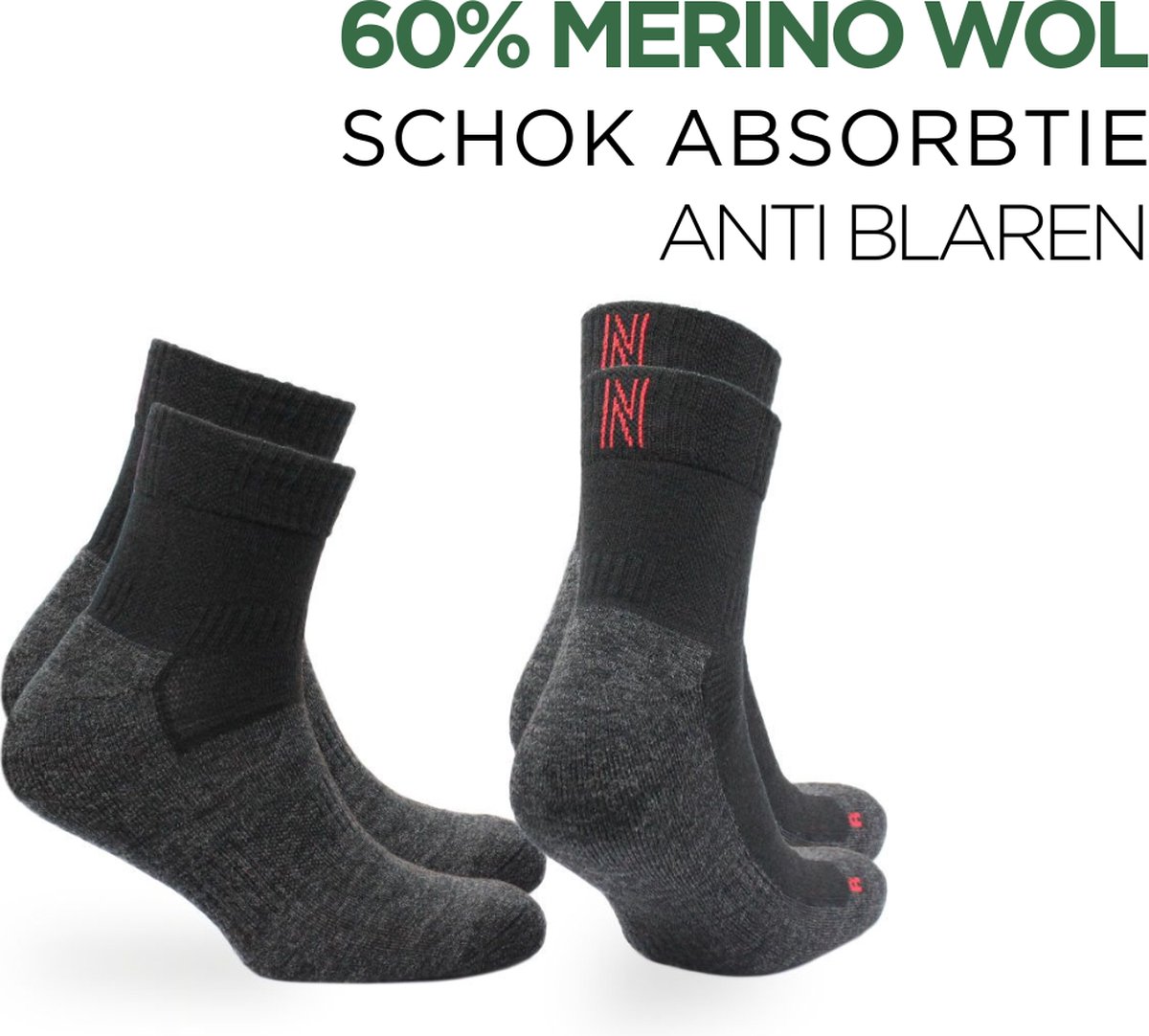 Norfolk - Wandelsokken - 2 paar - Anti Blaren Merino wol sokken met demping - Snelle Vochtopname - Wollen Sokken - Leonardo QTR - Zwart - 35-38