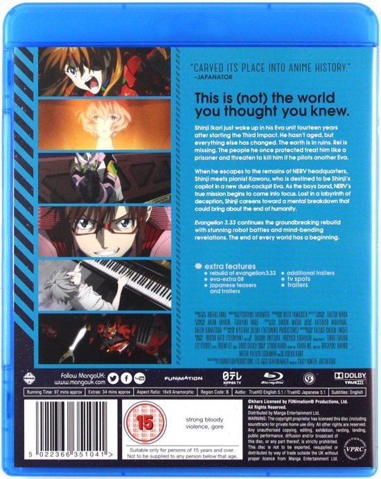 Achterkant Blu-ray hoes van Evangelion 3.33, met vier afbeeldingen van anime-personages.